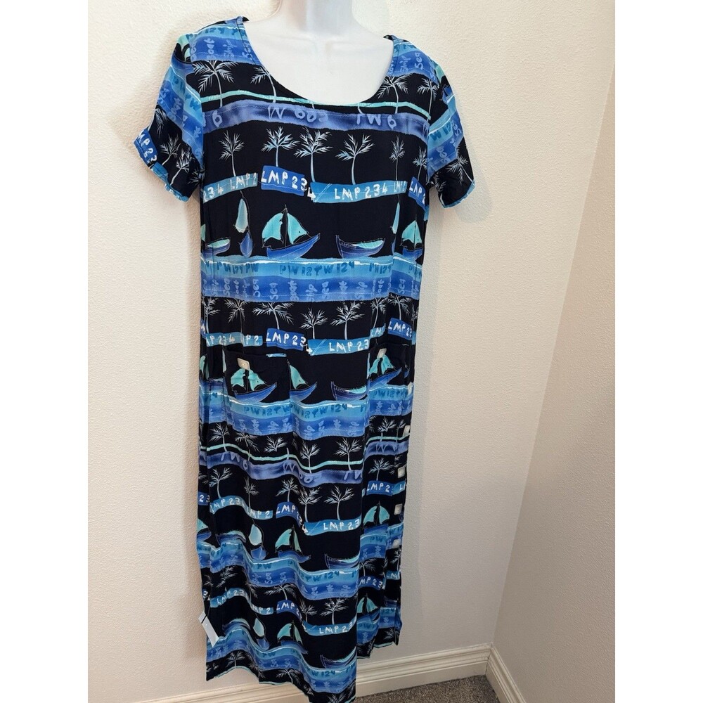 Earth Song Dress Vintage Rayon Maxi Blue Hawaiian Size 10 Buttons Tropical